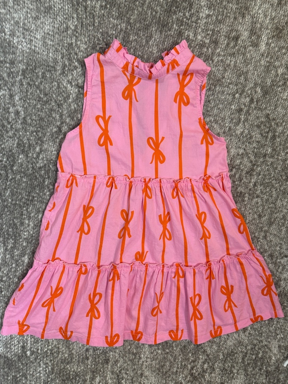 EUC The Oaks Apparel Co. Pink & Orange Bow Print ruffle Tier & collar Dress 6y